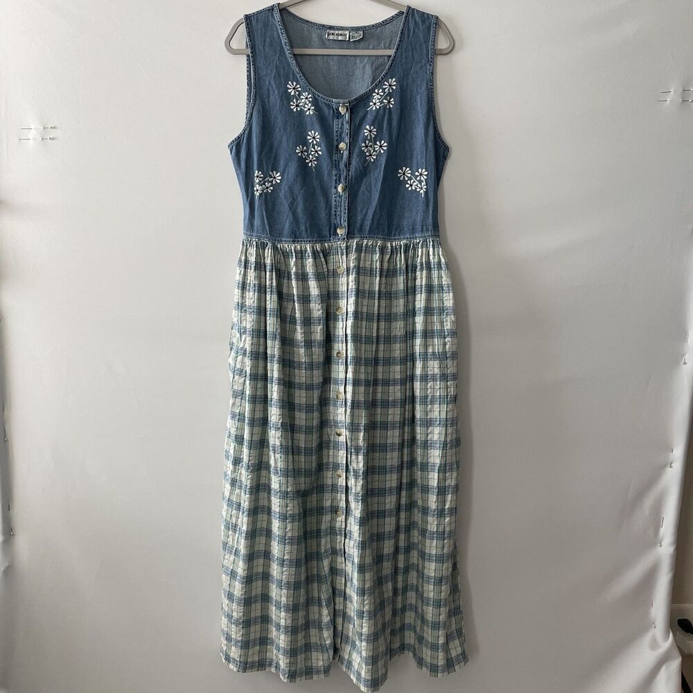 Vintage 1990s Jane Ashley Denim Plaid Embroidered Prairie Maxi Dress Sz 14
